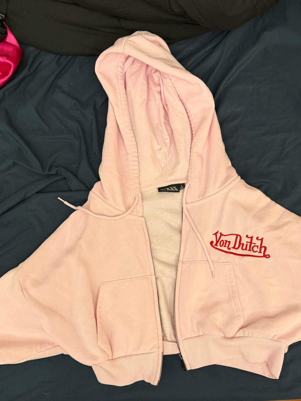 Von Dutch Light Pink Cropped Zip Hoodie with Red Logo